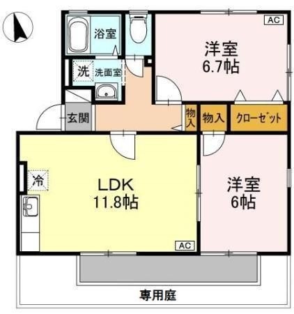 拡大写真：ハイカムール麻美B棟 1階102の間取り