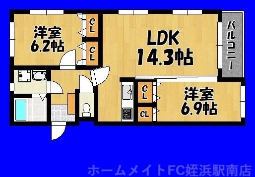 拡大写真:ドルフ姪浜 3階301の間取り