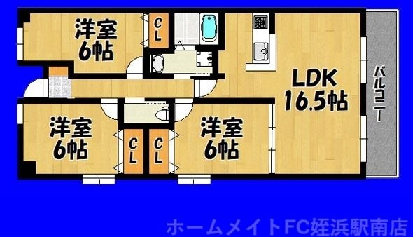 拡大写真:サンヒルズ今宿 2階201の間取り