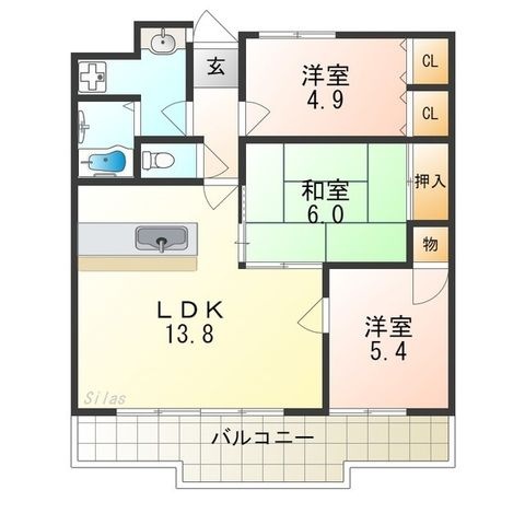 拡大写真:羽曳野市伊賀4丁目 4階401の間取り