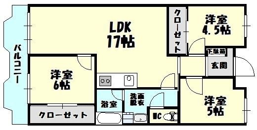 拡大写真:糟屋郡粕屋町大字内橋(〒813-0008) 4階402の間取り