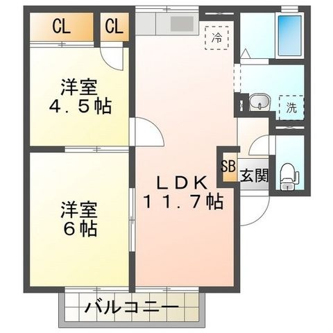 拡大写真:プリシェールモネ 2階203の間取り