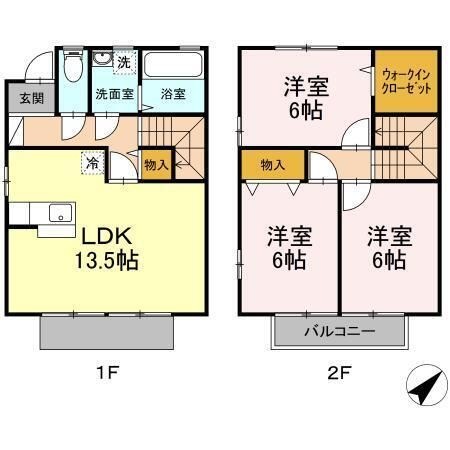 拡大写真:ペニーレーン D棟 1階D102の間取り
