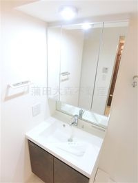 洗面脱衣所 3面鏡の独立洗面台 洗濯機置き場