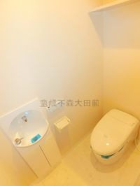 棚と手洗い場、温水洗浄便座付きのトイレ