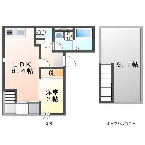 拡大写真:熊本市中央区九品寺3丁目 2階203の間取り
