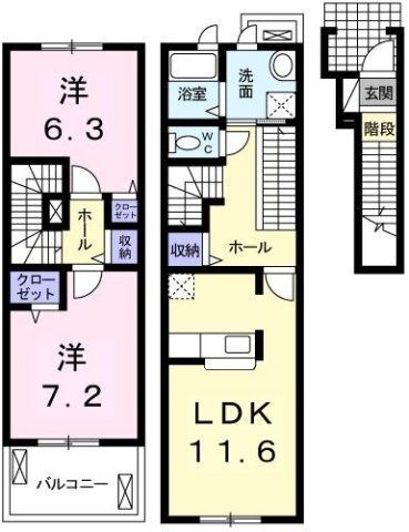 拡大写真:パーシモン北野 2階206の間取り