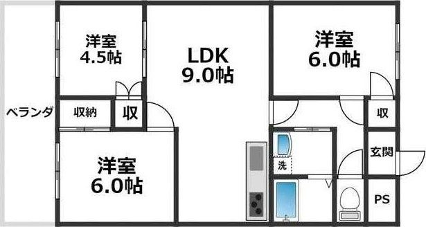 拡大写真：サンライフ弁天 3階307の間取り