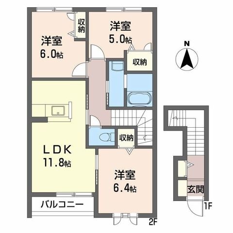 拡大写真:レジデンス原尾島 D棟 2階202の間取り