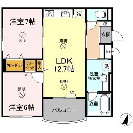 拡大写真：Ｓｈａｌｌｏｗ　Ｇａｒｄｅｎ　B棟 2階201の間取り