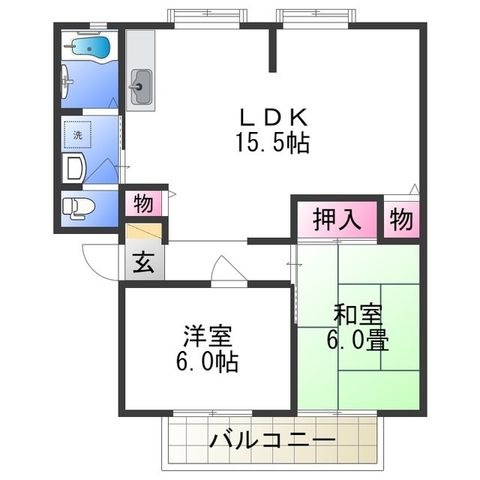 拡大写真:サンシャインハイツ B 1階102の間取り