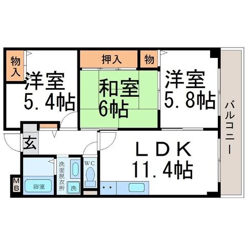 拡大写真：ルシェール立花 2階402の間取り